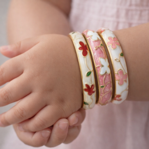 Girls Floral Enamel Gold Bangles Set Of 3
