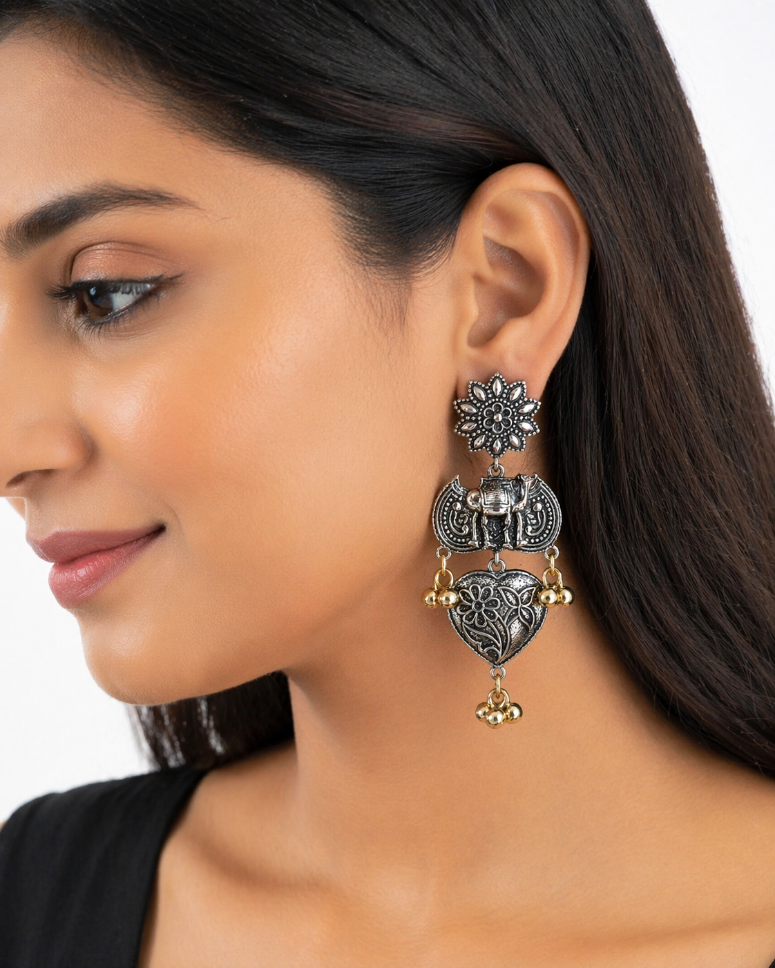 Oxidised Silver Camel Heart Drop Earrings - Image 2