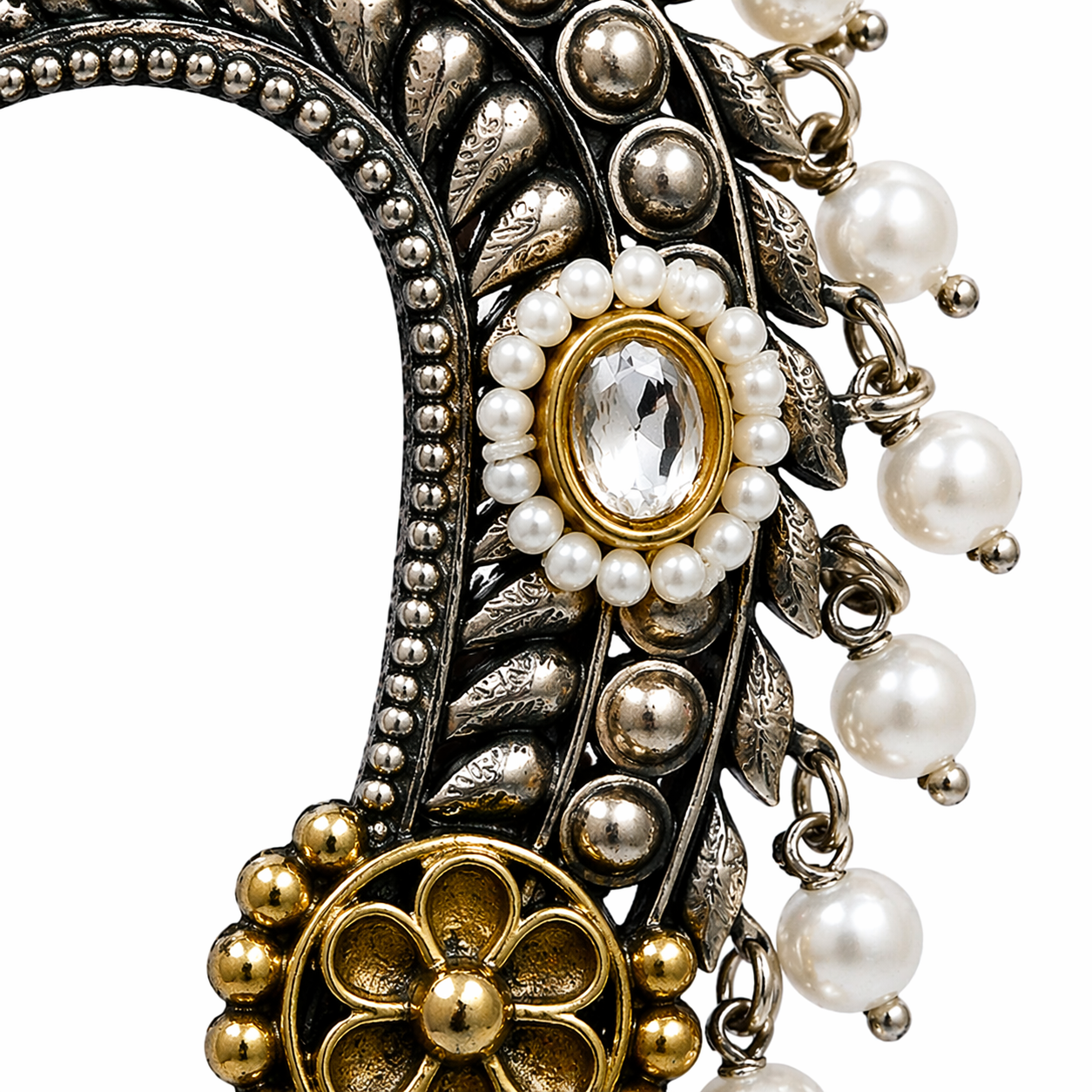 Premium Oxidised Silver Pearl Crescent Earrings - Image 2