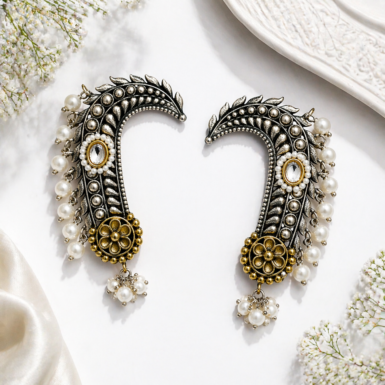 Premium Oxidised Silver Pearl Crescent Earrings - Image 3