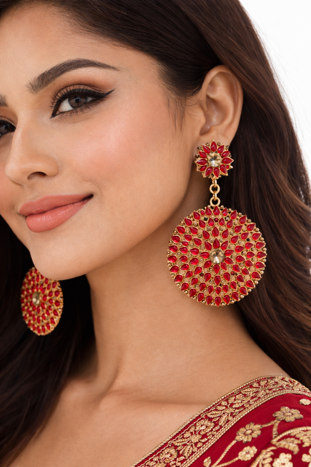 Red Floral Statement Dangle Earrings. - Image 2