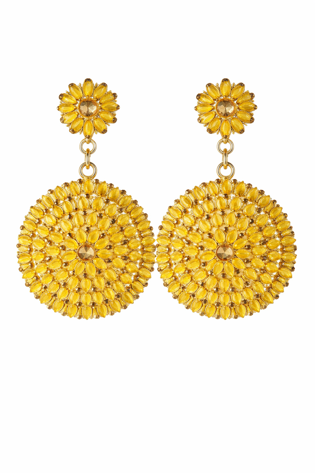 Yellow Floral Statement Dangle Earrings.