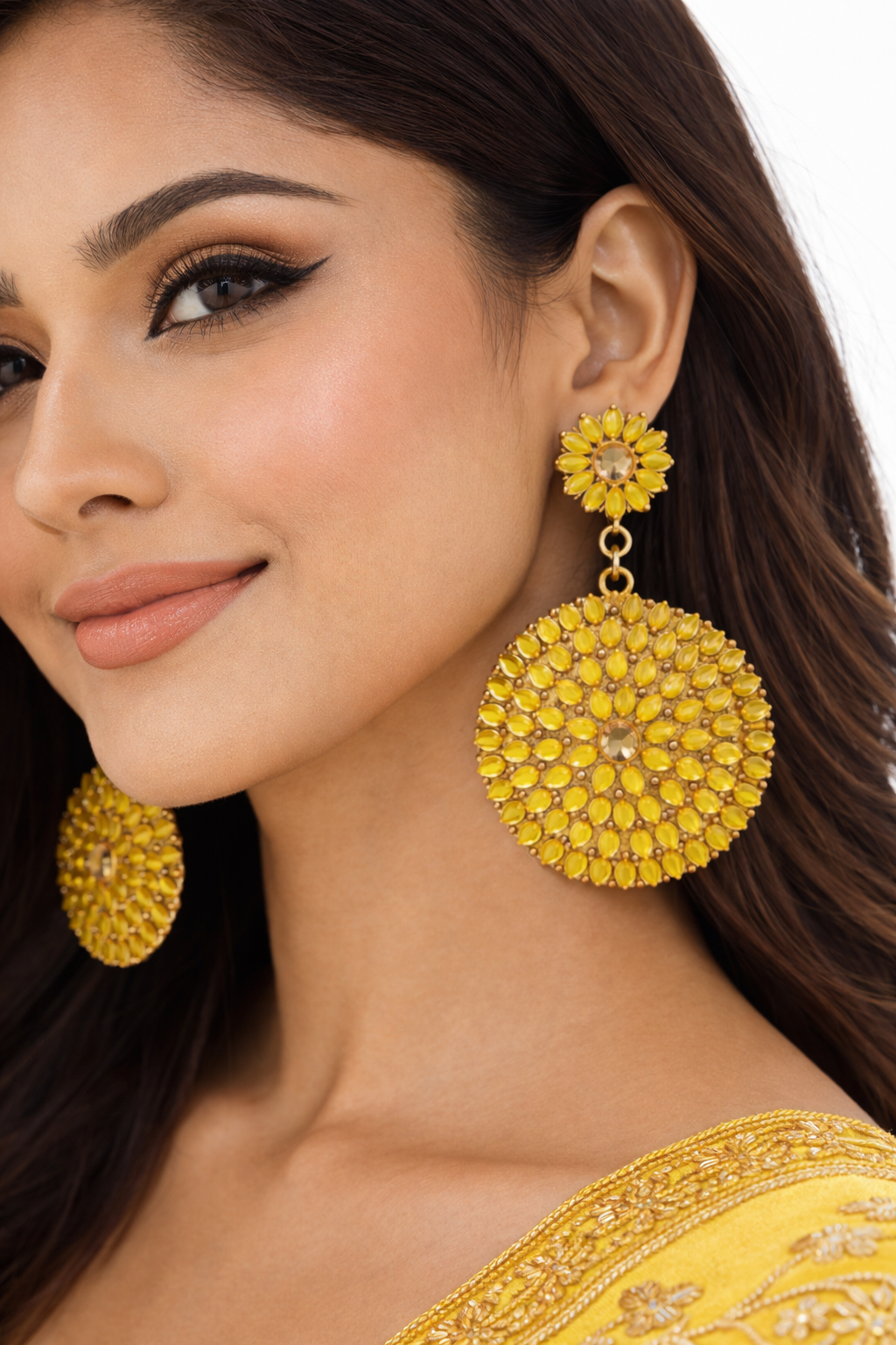 Yellow Floral Statement Dangle Earrings. - Image 2