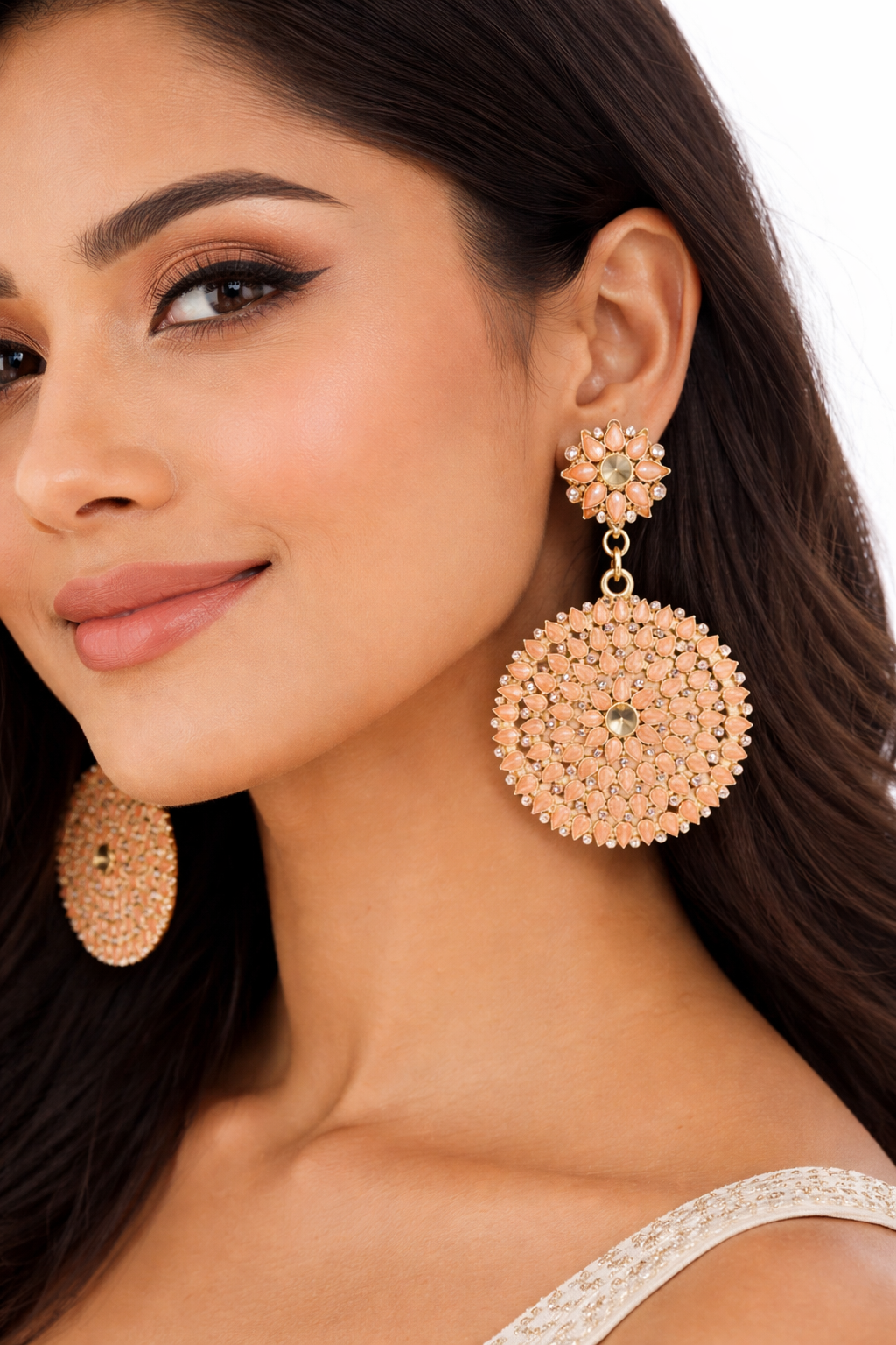 Peach Floral Statement Dangle Earrings - Image 2